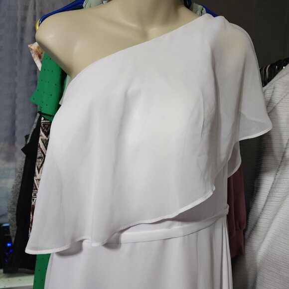 Azazie A-Line One Shoulder Chiffon Floor Length White Dress Size 12 - Picture 3 of 7